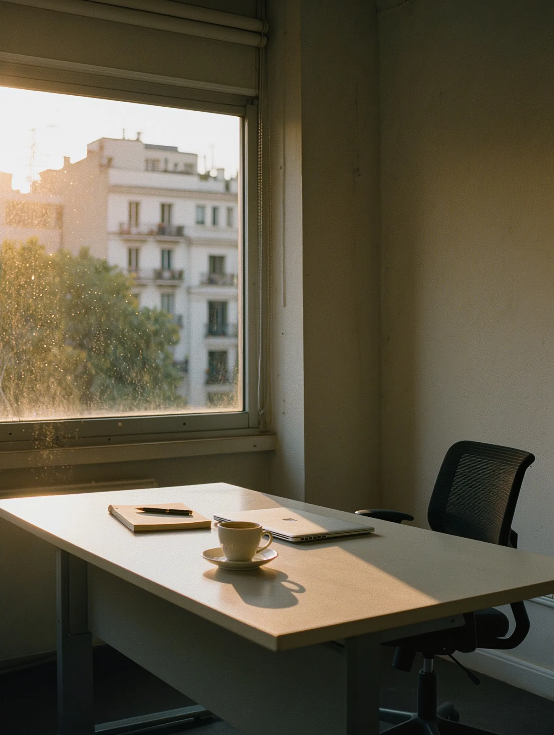 Un escritorio vacío junto a una ventana, con una taza de café y la luz de la tarde sobre Buenos Aires.