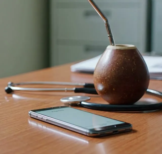 Un mate, un estetoscopio y un celular sobre un escritorio de madera.