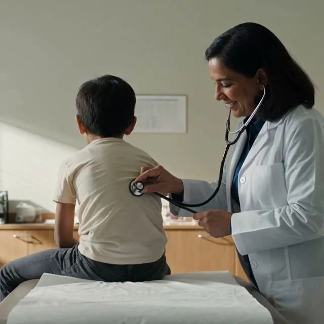 Una médica ausculta a un chico sentado en la camilla del consultorio.